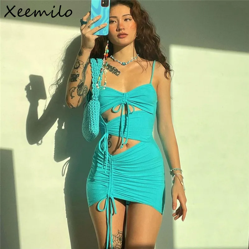 

Xeemilo сексуальное женское платье без рукавов с глубоким V-образным вырезом на шнуровке мини-платья 2022 летние Y2K уличная одежда облегающие платья
