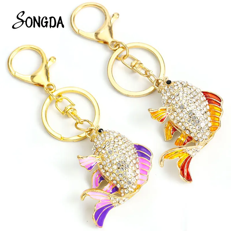 

Fashion Enamel Crystal Fish Pendant Keychain Rhinestone Goldfish Keyring Handbag Purse Key Holder Accessories Wholesale Gifts