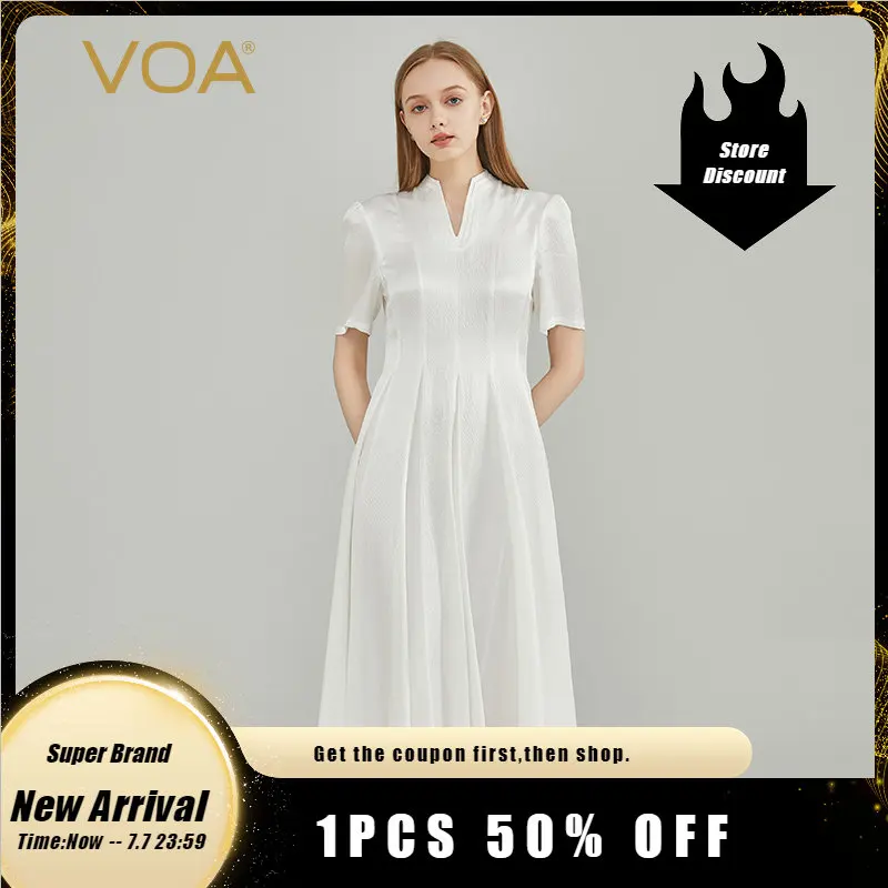 

VOA шелковое сатиновое белое двухслойное платье с u-образным вырезом, с освежающим и дышащим узором, элегантное большое свободное платье AE2186