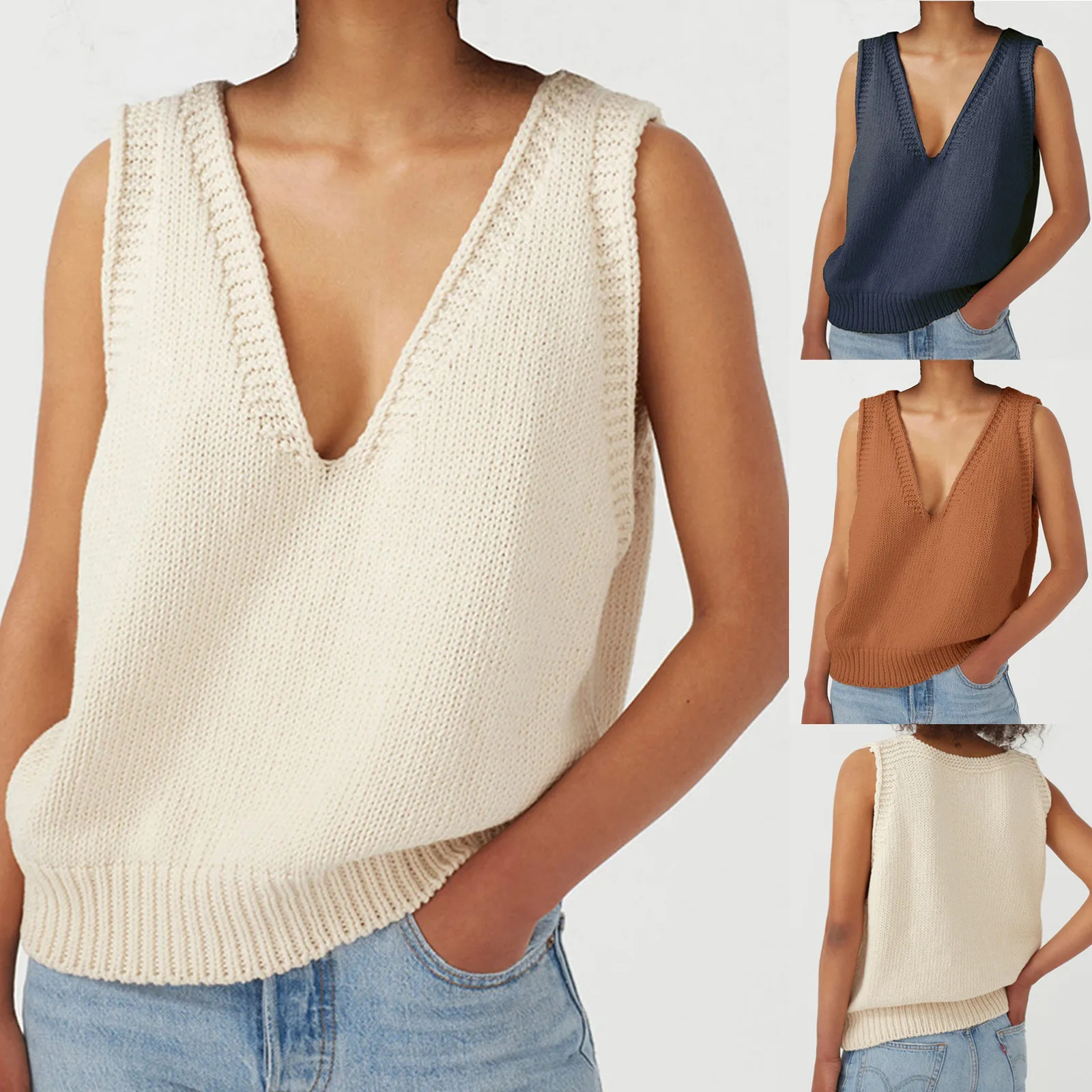 

Women V Neck Knit Sweater Vest Solid Color Sleeveless Checked Knitwear Fleece Lined Sweater Coat Long Sleeve Loose Sweater Coat