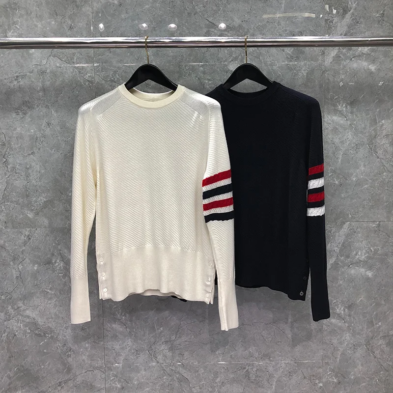 

THOM TB Men's Sweater Autunm Winter Sweater Male Fine Merino Wool RWB 4-Bar Arm Stripes Crew Neck Pullover Knit TB Sweater