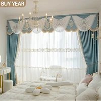 2022 new french curtains for living dining room bedroom high precision fabric anti hook silk blue curtain french window custom