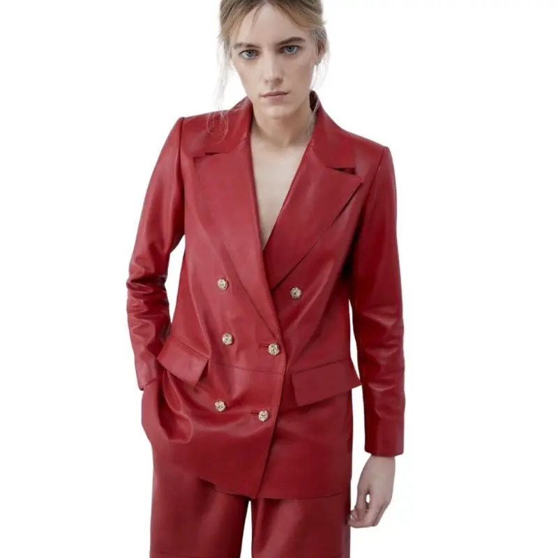 Stylish Lambskin Leather Red Genuine Women Formal Suit Blazer Designer Slim Fit