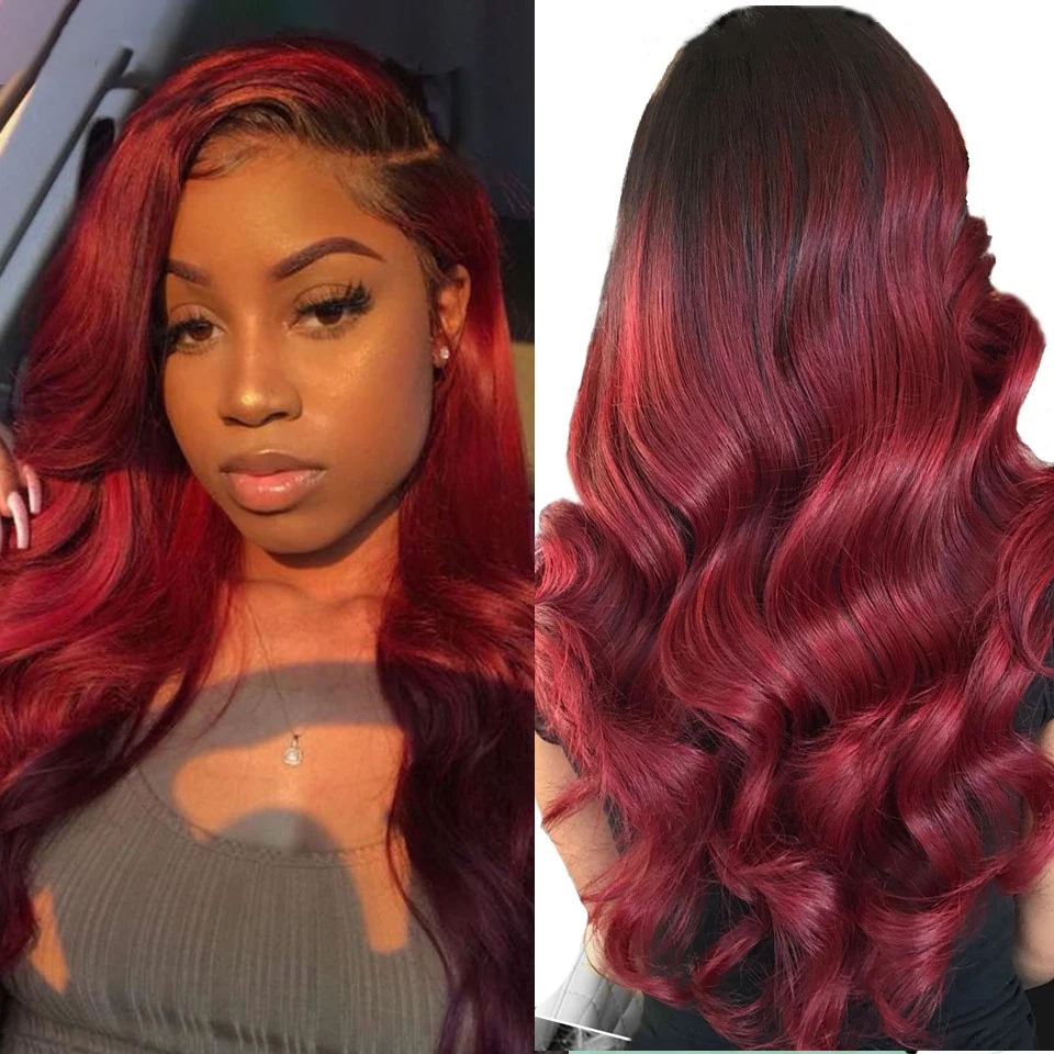 

1B Burgundy Lace Front Wig Pre Plucked 13x4 T1B 99J Body Wave Lace Front Human Hair Wigs For Women 180% Density