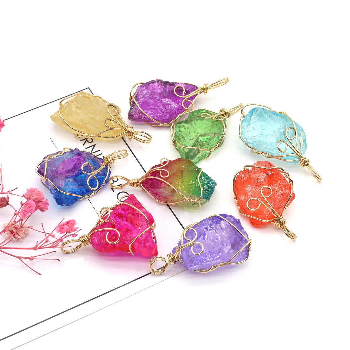 

Natural Stone Pendants Irregular Gold Color Wire Wrap Raw Ore Crystal for Jewelry Making Diy Women Necklace Gifts