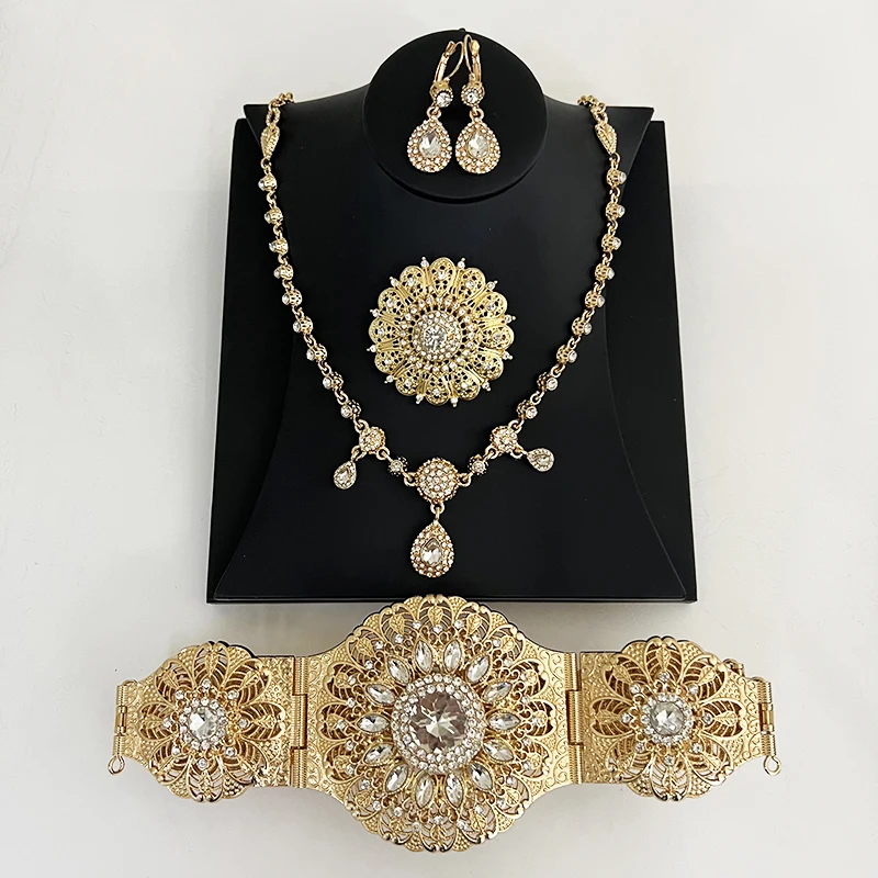 Ceinture Caftan Morocco Wedding Dress Belts Set Metal Gold Color Women Waist Chain Necklace Earring Brooch Body Jewelry