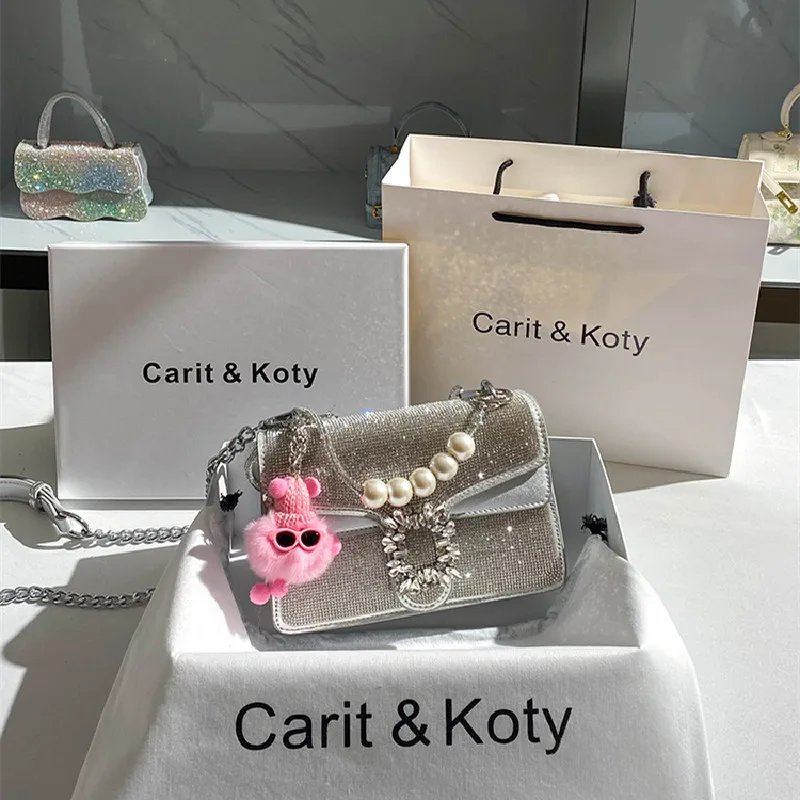 

Spring and Summer New Fashion Rhinestone Pearl Chain Small Square Bag Banquet Dress Versatile One Shoulder Crossbody Women's Bag