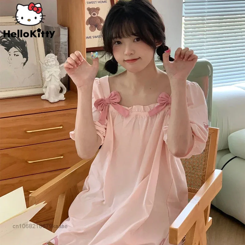 Sanrio Melody New Home Clothes Women Sweet Pink Dress With Short Sleeve Y2k Kawaii One Piece Pajamas Female Fashion Nightdress