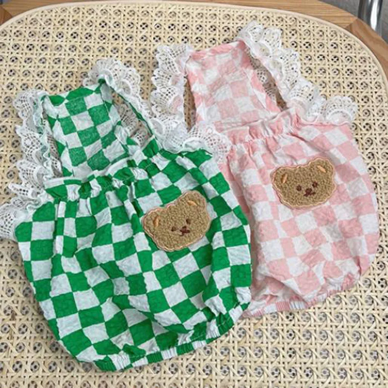 

Pet Clothes Spring And Summer New Bear Lace Plaid Sling Dog Vest Chihuahua Puppy Clothes Cat Clothes