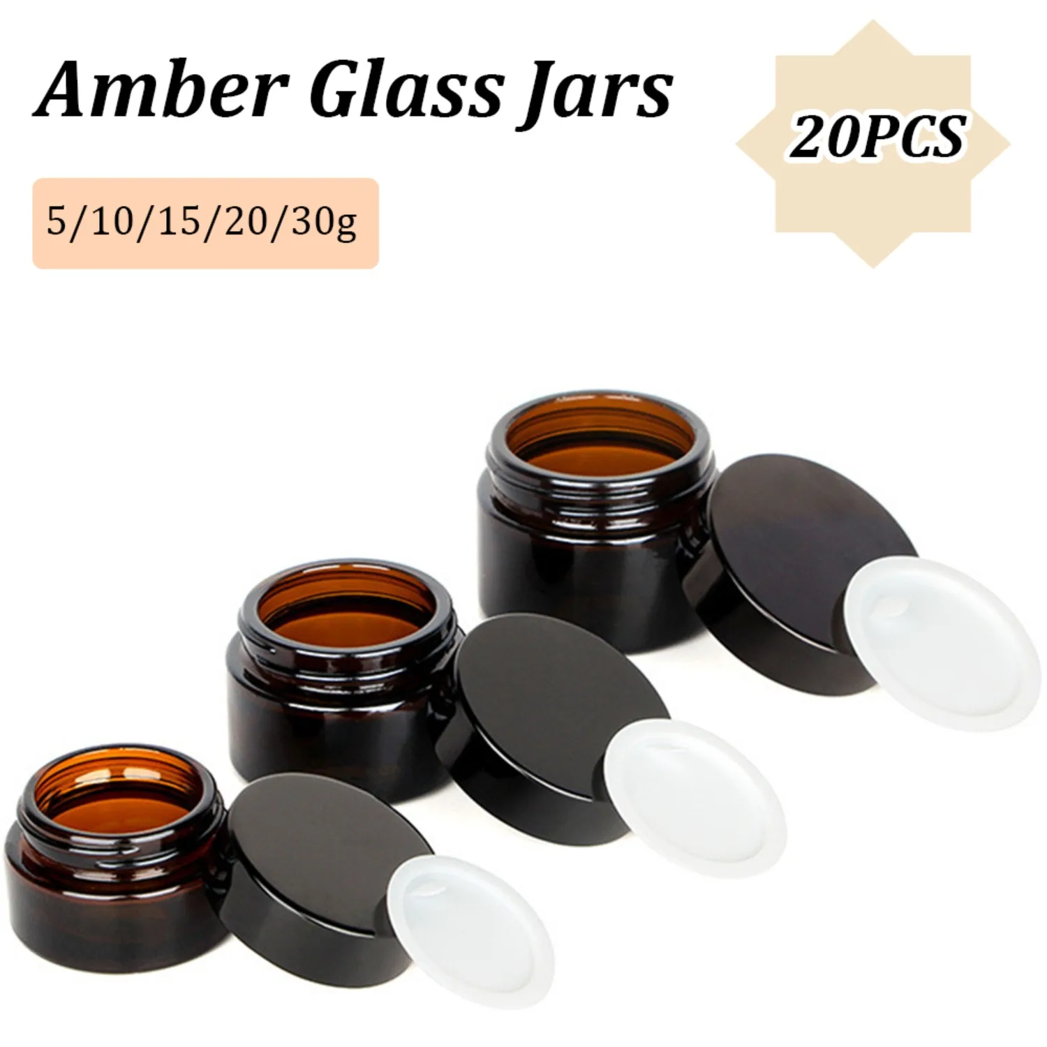 Маленькие янтарные стеклянные банки с черными крышками 5/10/15/20/30 г 20 шт