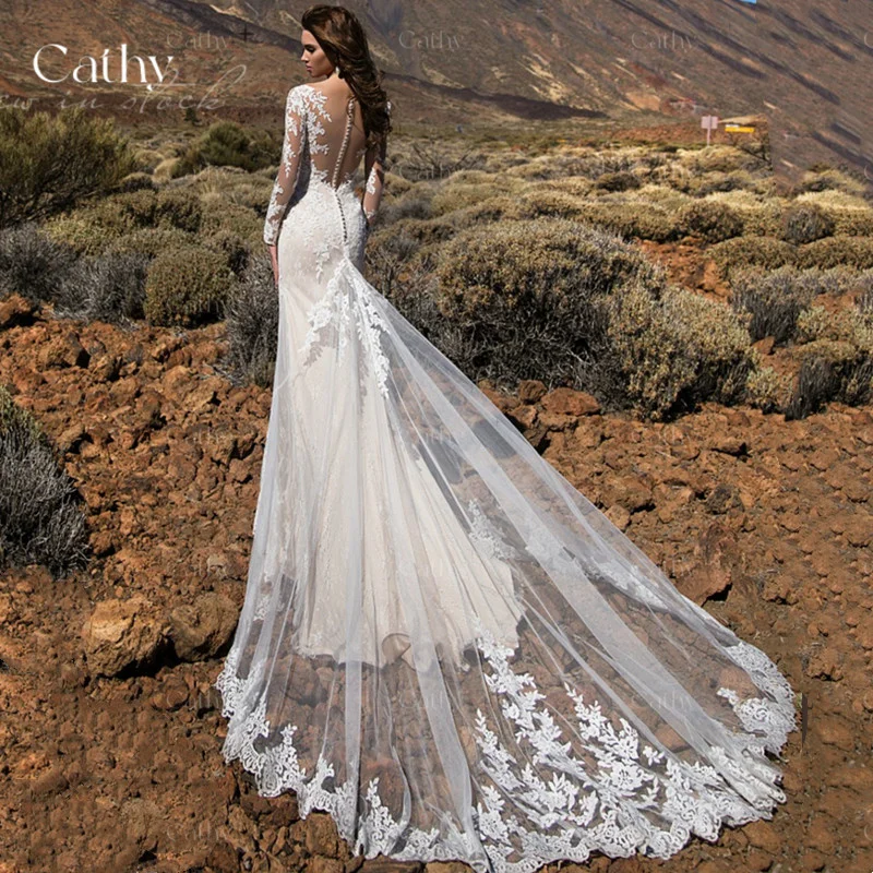 

Grace Long Sleeve Mermaid Bridal Gown Beach Trumpet Wedding Dress Long Lace Tulle Sweep Train Mermaid Wedding Dress For Bride