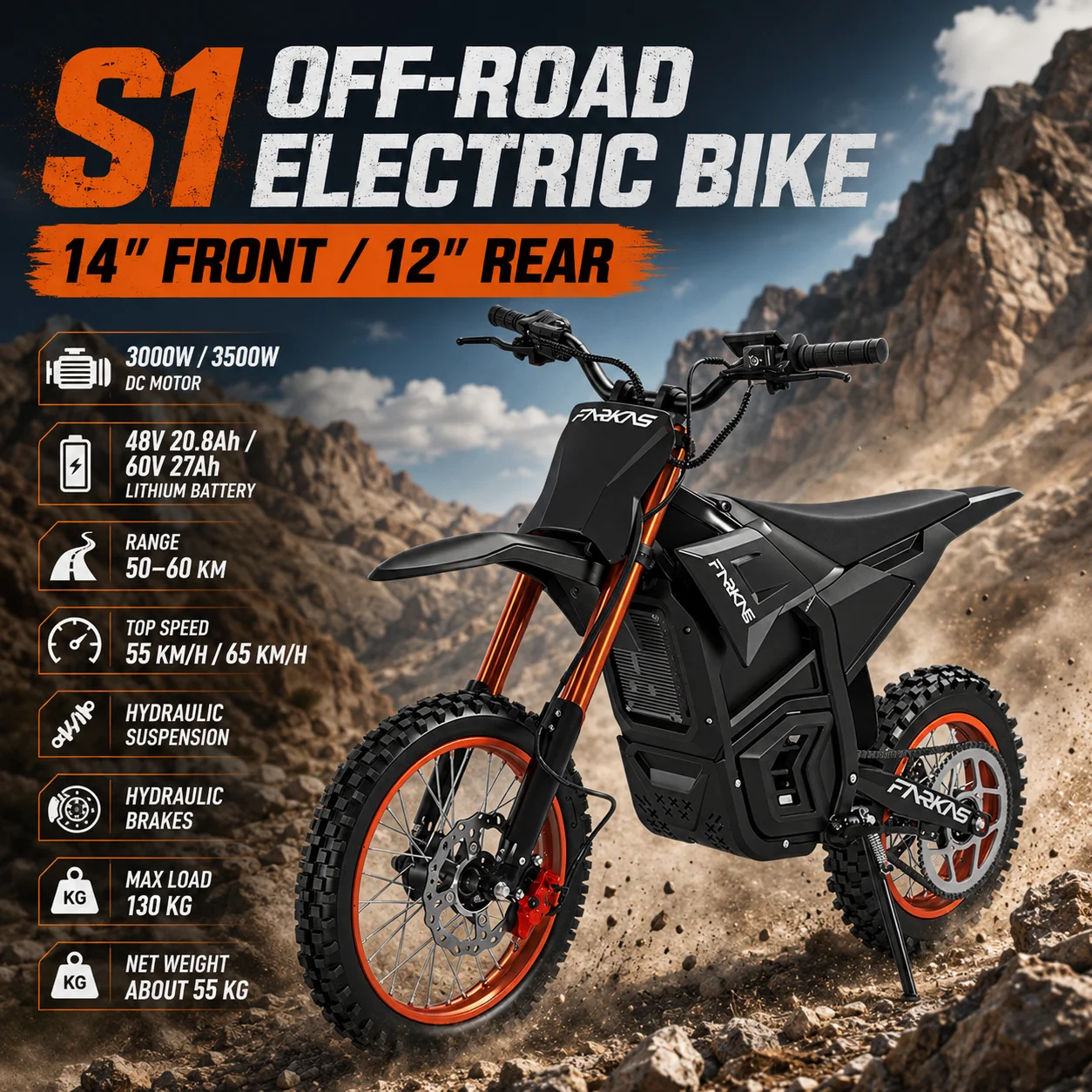 Фото Высокоскоростной электрический мотоцикл S1 E-Bike для бездорожья, двигатель 3000W/3500W, аккумулятор 48V 20.8Ah/60V 27Ah, гидравлическая подвеска, запас хода 50-60 км №1