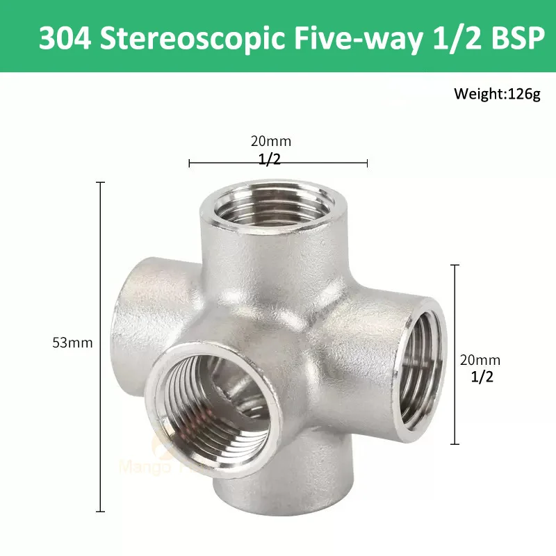 

DN8/10/DN15/20/DN25 BSPT 304 Стереоскопический 5-ходовой фитинг из нержавеющей стали с внутренней резьбой 1/4 дюйма 1/2 дюйма 3/4 дюйма 1 дюйма 1-1/4 дюйма 1-1/2 дюйма 2 дюйма