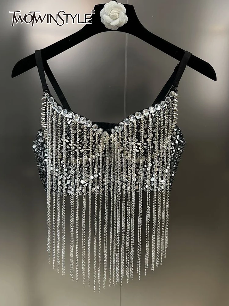 

TWOTWINSTYLE Patchwork Chain Tank Top For Women Square Collar Sleeveless Spliced Sequins Slimming Sexy Vest Female Fashion 2023
