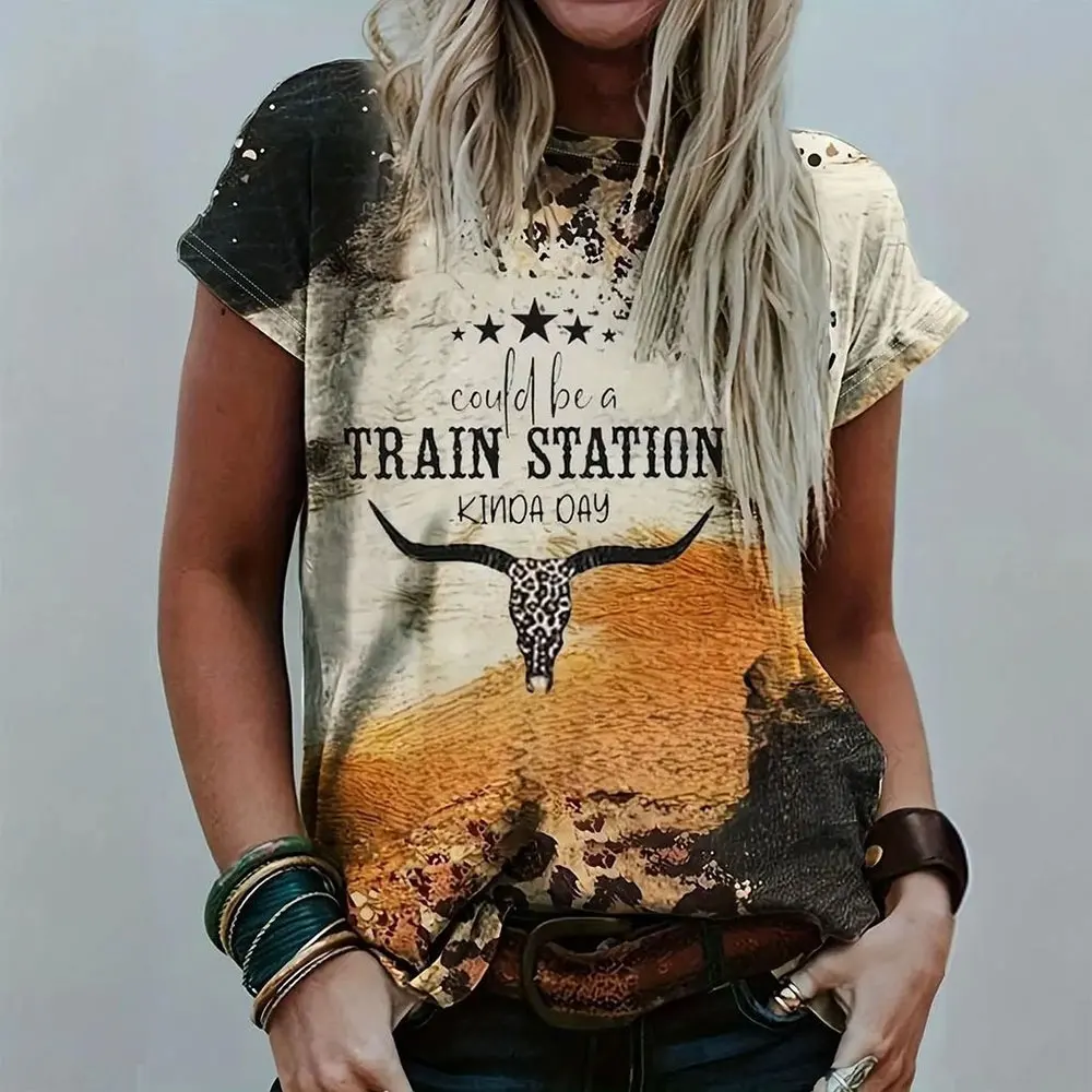 Женская футболка с коротким рукавом круглым вырезом и 3D-принтом лошадей