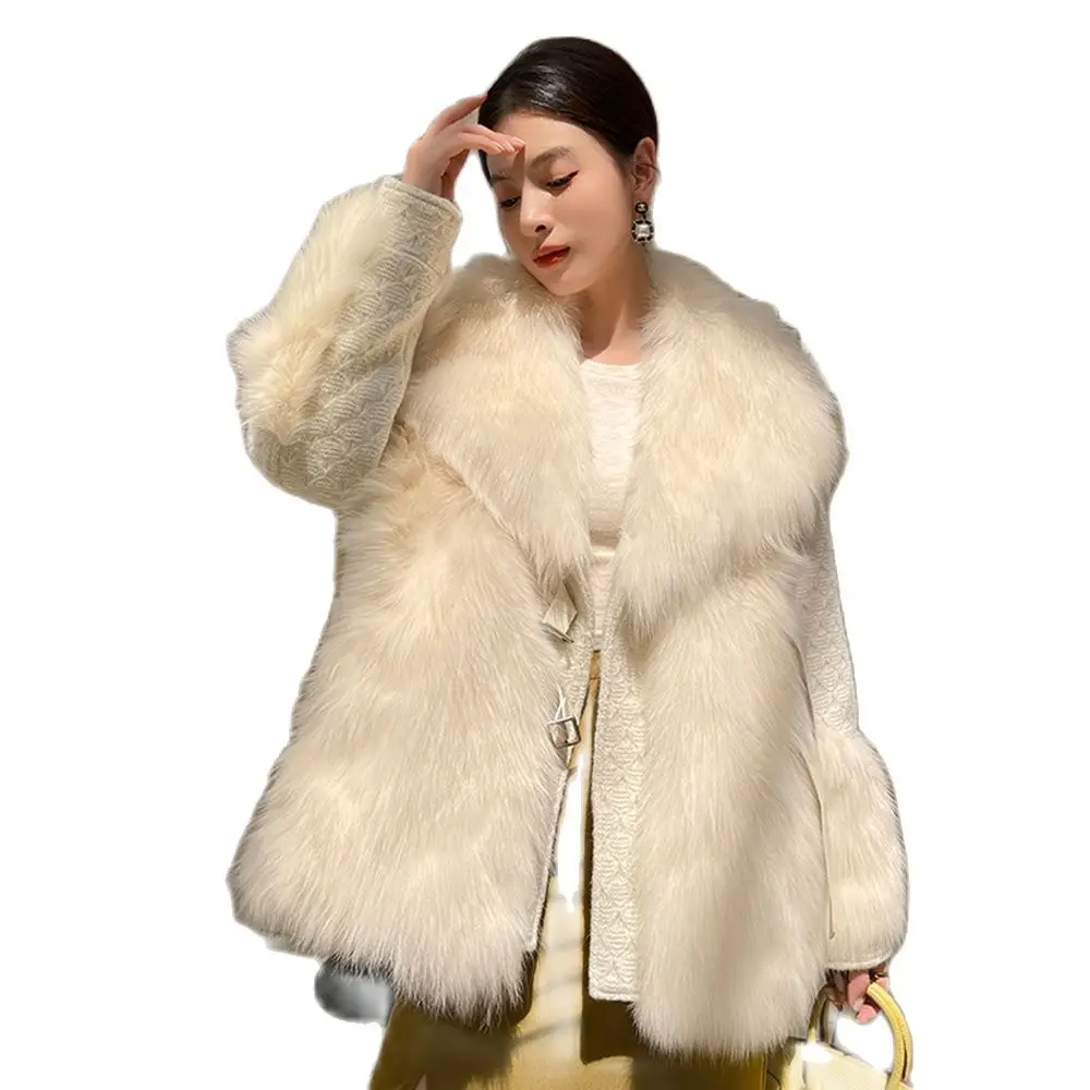 New Women Real Fur Coat Autumn Winter Chic Thicken Fox Fur Turn-down Collar Patchwork Wool Knitting Fur Jacket Loose Outerwear