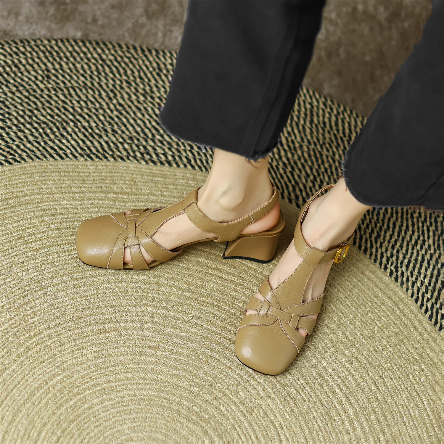 Women Sandals 2023 Summer New Luxury Genuine Cow Leather High Block Heel Buckle Pure Handmade Quality Casual Shoes Big Size 42