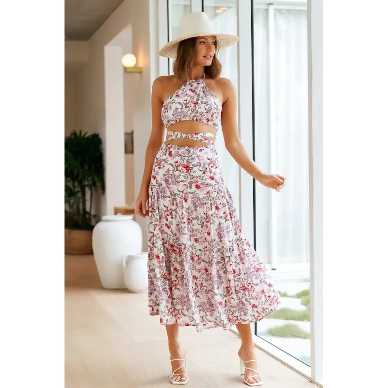 

2023 New Hot Selling New Lace Up Neck Print Half length Dress Set