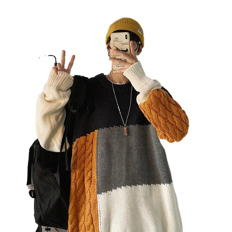 

Japanese lazy style stitching sweater spring, autumn and winter Korean fashion loose sweater ins personalized sweater