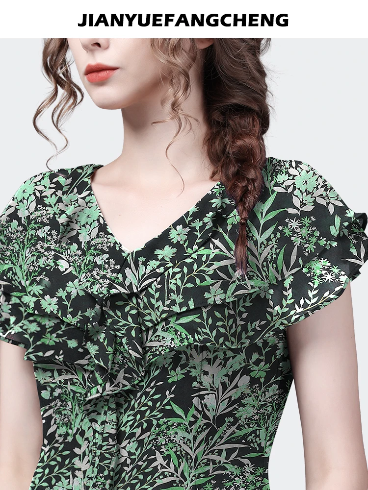 Женская шифоновая блузка с коротким рукавом V-образным вырезом и оборками