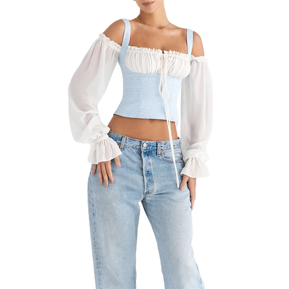 

2023 New Y2K Fairy Grunge Women Shirts Tops Long Sleeve Off Shoulder Ruffled Bandage Blouse Summer camisas y blusas