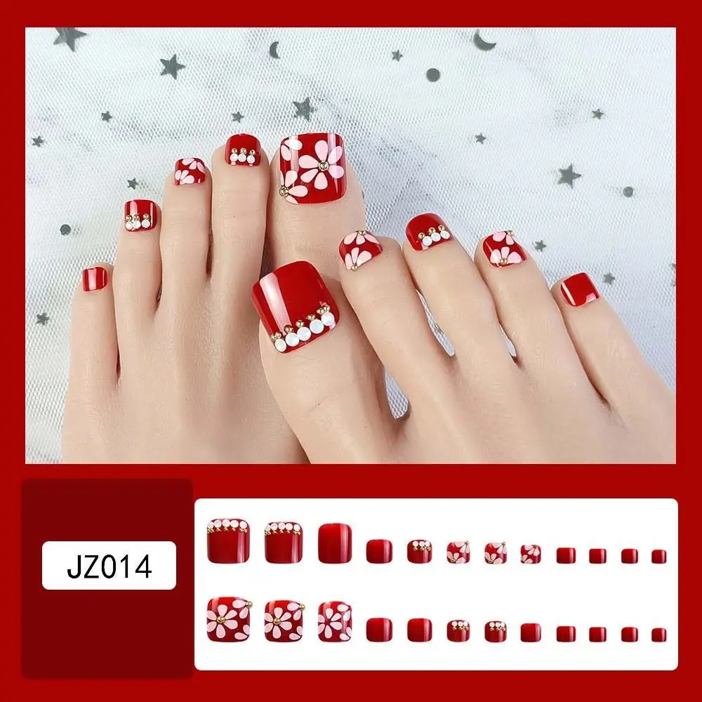

24 Pieces / Set Summer Wine Red Diamond Fake Toenails With Glue Full Coverage Art Removable Pressed Artificial Toenails