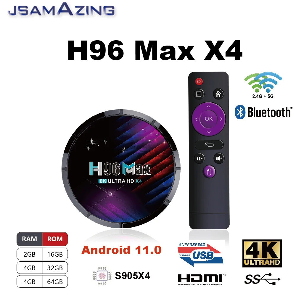 

Приставка Смарт-ТВ H96 MAX X4, Android 11, Amlogic S905X4, 2/4 ГБ, RAM16/32/ 64 ГБ, 8K, 24 к/с, 3D, Wi-Fi, 2022G и фото