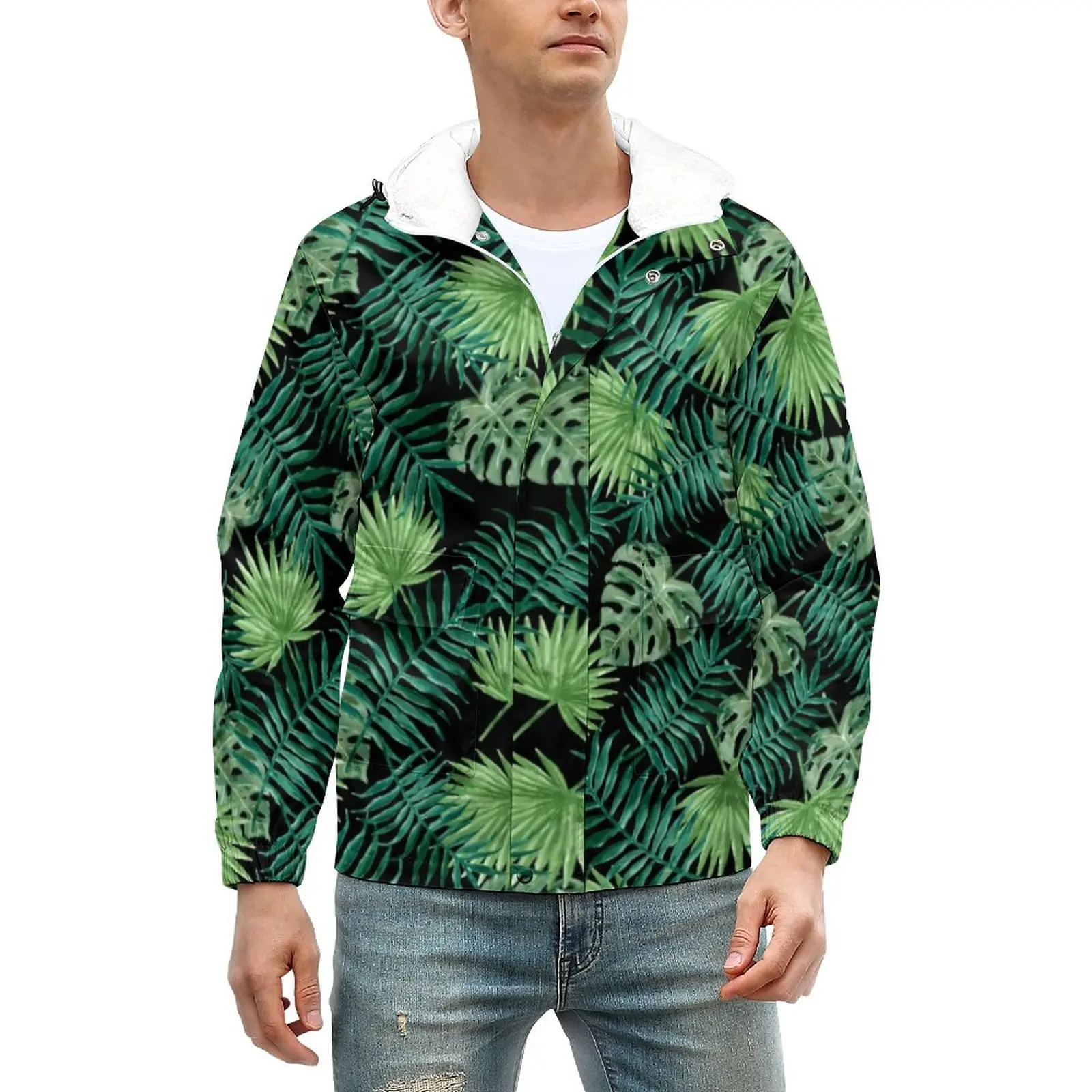 

Tropical Palm Leaf Warm Jackets Green Weed Print Pockets Winter Coats Streetwear Casual Jacket Design Classic Oversize Windbreak