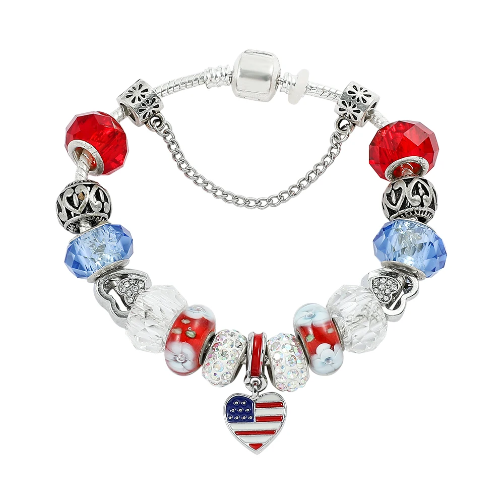 

USA Love Heart Flag Charm Bracelet Fashion Crystal Beads Bangle American Flag Pendant Bracelet for Women Hand Accessories Gifts