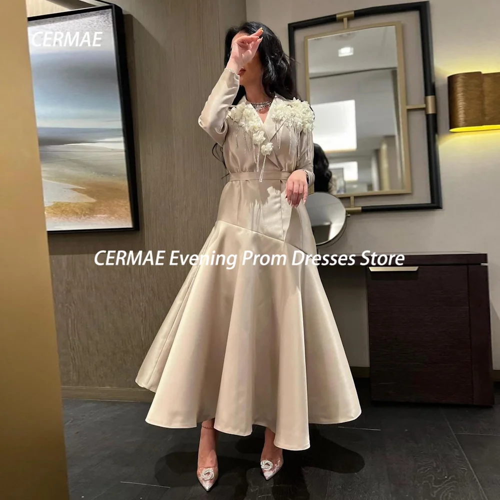 

CERMAE Satin A-line Sweetheart Appliques Ruffle Populer Prom Gown Tea-Length Evening Formal Elegant Party Dress for Women 2023