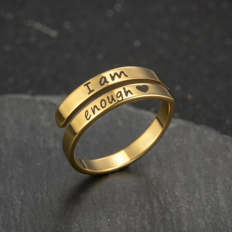 

I am enough Japanese and Korean fashion lettering double-layer stainless steel simple opening adjustable lettering ring