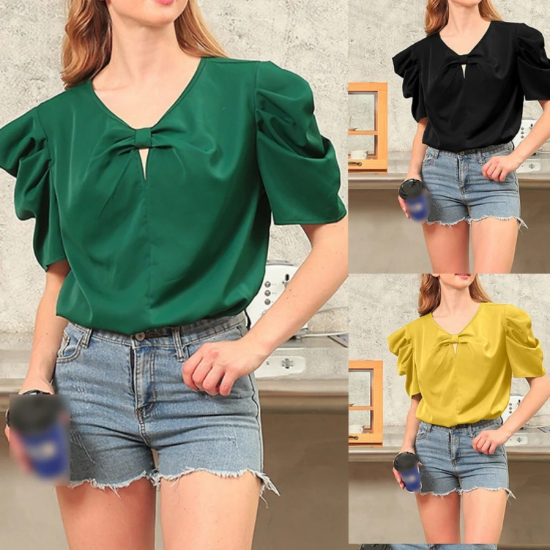 Женская футболка с баской V-образным вырезом и рукавом-фонариком