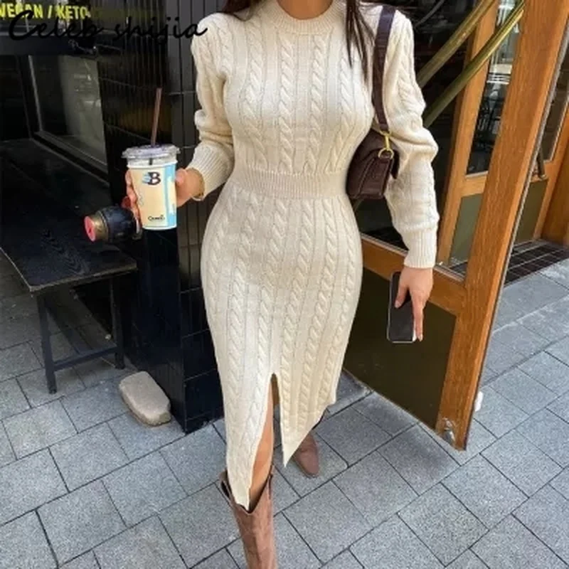 

New Apricot Sweater Dress Bodycon Woman Fall 2022 Long-sleeve Slim Waist Knitted Vestido Korean Fashion Striped Elegant Knitwear
