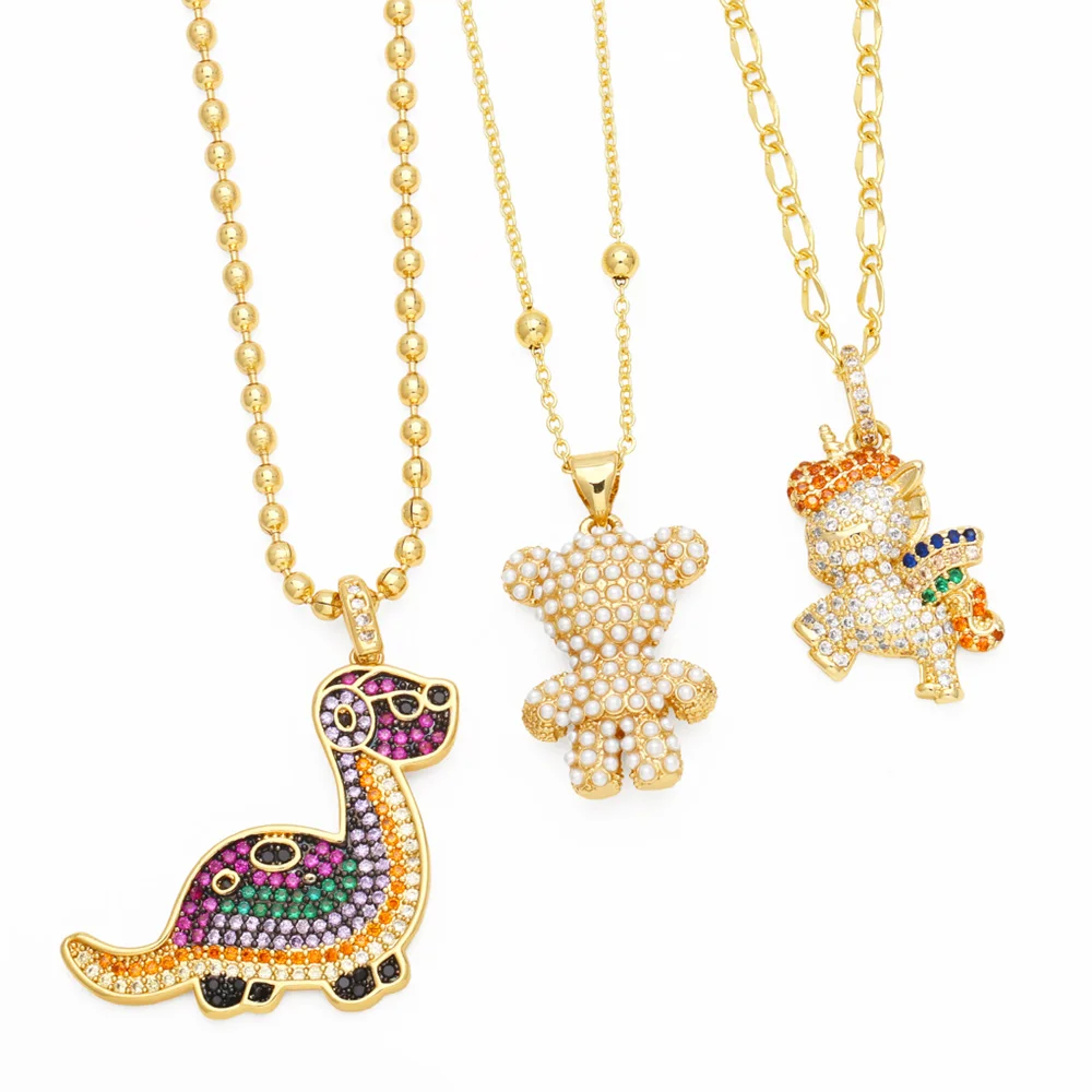 FLOLA радужные Кристальные ожерелья динозавра для женщин медные позолоченные