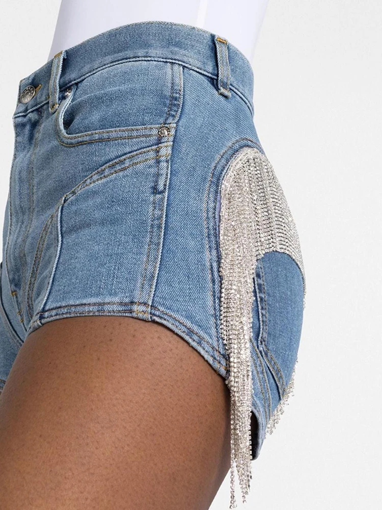 CHICEVER Patchwork Diamonds Tassel Denim Shorts For Women High Waist Solid Slimming Bodycon Short Trousers Female Summer 2023