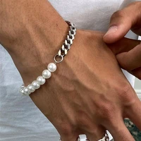 fashion silver color man pearl bracelet simple hip hop stainless steel cuban chain bracelet homme jewelry accessories wholesale