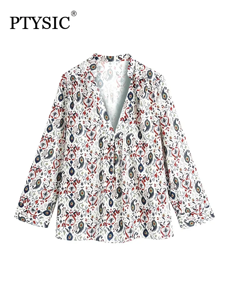 

Fashion Women Printed Shirt 2022 Summer Round Collar Blouse V-Neck Long Sleeve Front Pleat Detail Tops Streetwear For Holiday