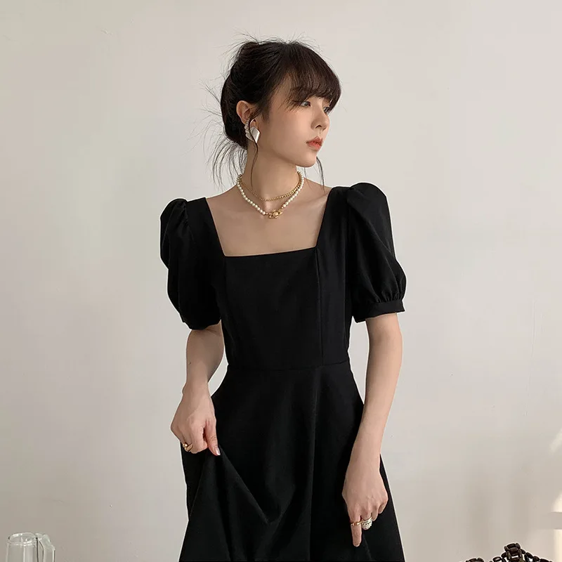 

Black Dress Women's Summer 2022 French Retro Temperament Square Collar Hepburn Style Little Party Gothic Dress Vestidos De Mujer