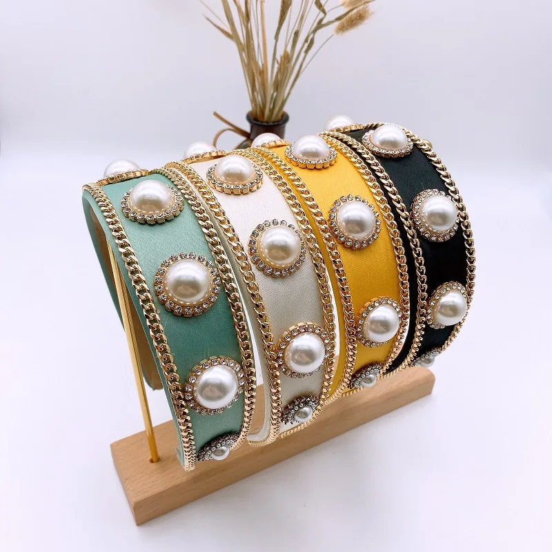 

Diameter Big Round Slice Wide Brim HairBand Metal Chain Rhinestone-Encrusted Headband Pearl Headdress Simple Hair Accessories