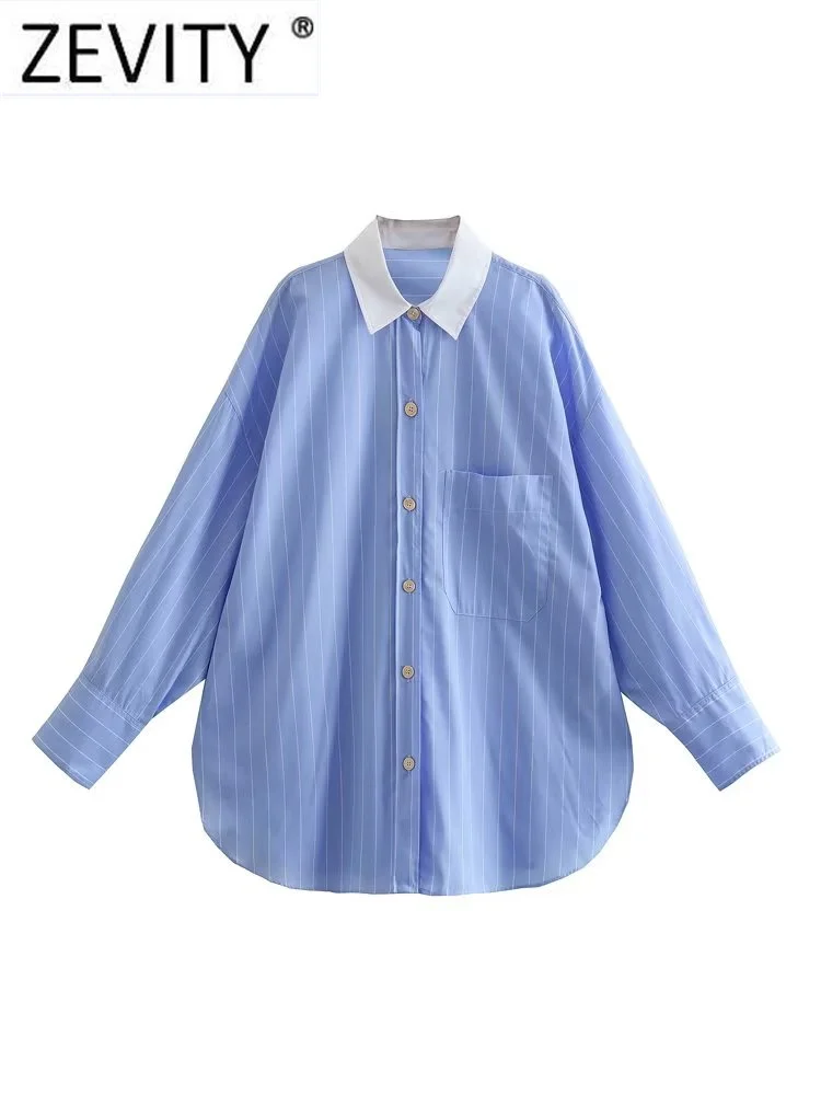 

Zevity Women Fashion White Collar Patchwork Striped Print Smock Blouse Office Lady Loose Shirt Chic Chemise Blusas Tops LS3156