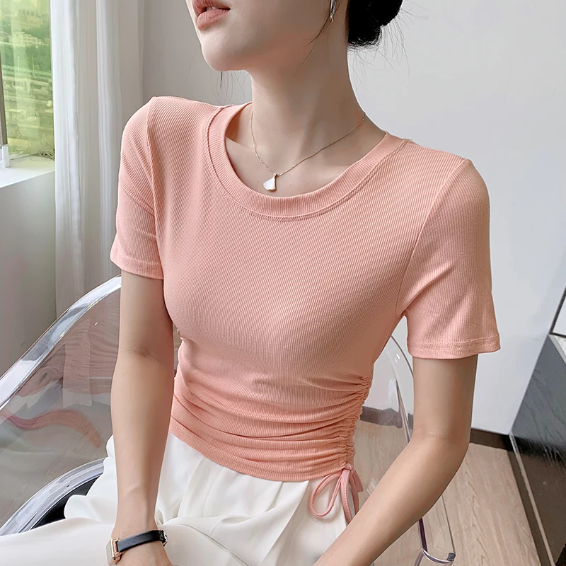 

Summer Multicolor Drawstring T-shirt Women fashion New Design Tight Fitting Short Sleeved Crop Tops Mujer