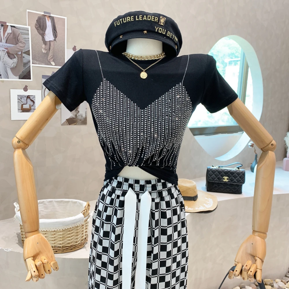 

Летняя европейская одежда, хлопковая футболка, шикарные сексуальные блестящие Женские топы с круглым вырезом и бриллиантами, футболки с коротким рукавом, Новинка