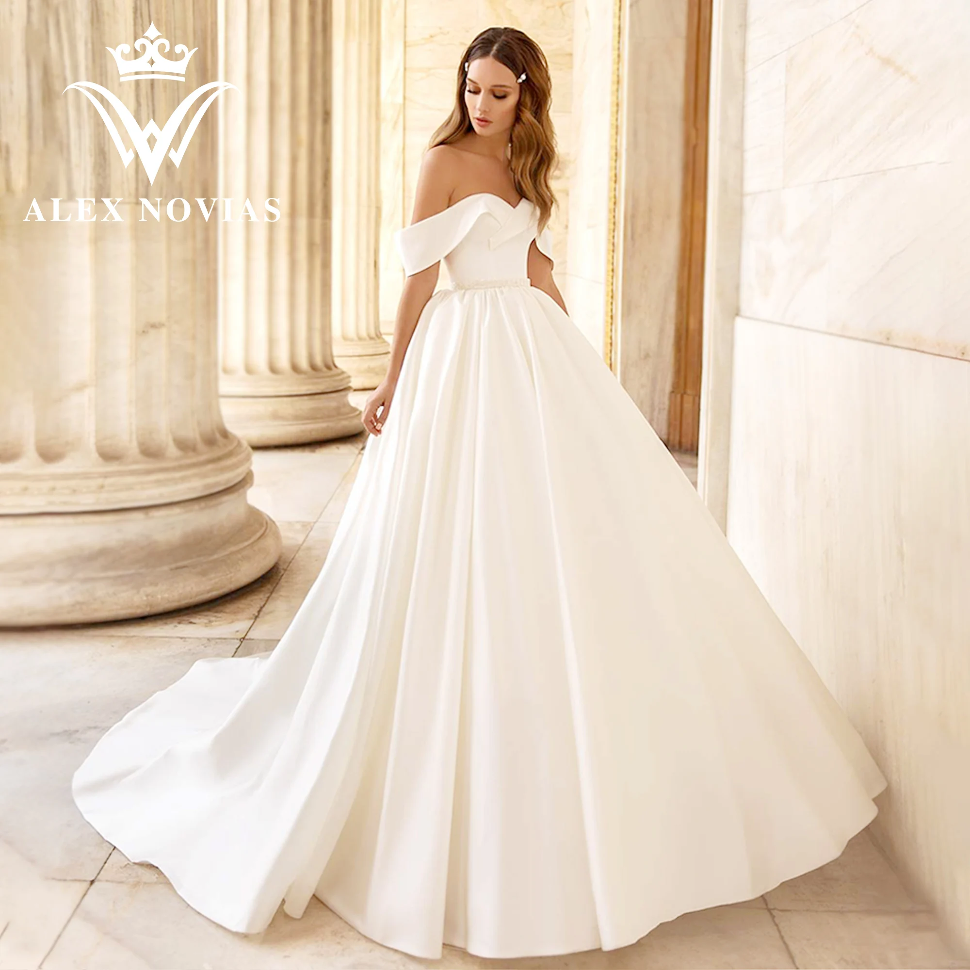 

ALEX NOVIAS Ball Gown Satin Wedding Dress With Pockets 2023Sweetheart Backless Court Train Wedding Gown Vestidos Novias De Saten
