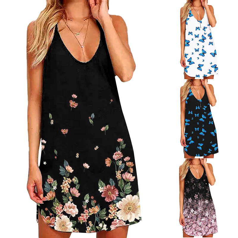 

Womens Summer Beach Boho Butterfly Print Halter Neck Sleeveless Dress Casual A-Line Off Shoulder Sleeveless Casual Streetwear