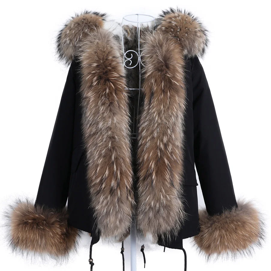 MAOMAOKONG Women Winter Casual Parkas Natural Raccoon Fur Collar Real Rabbit Fur Lining Short Jacket Thickening Ladies Warm Coat