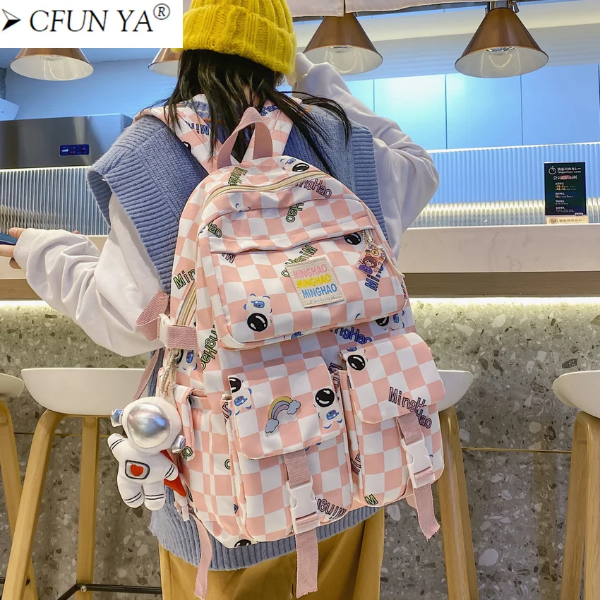 

Nylon Waterproof Women Backpack College Style Plaid Teen Schoolbag For Teenage Girls Cute Casual Travel Backpack Bookbag