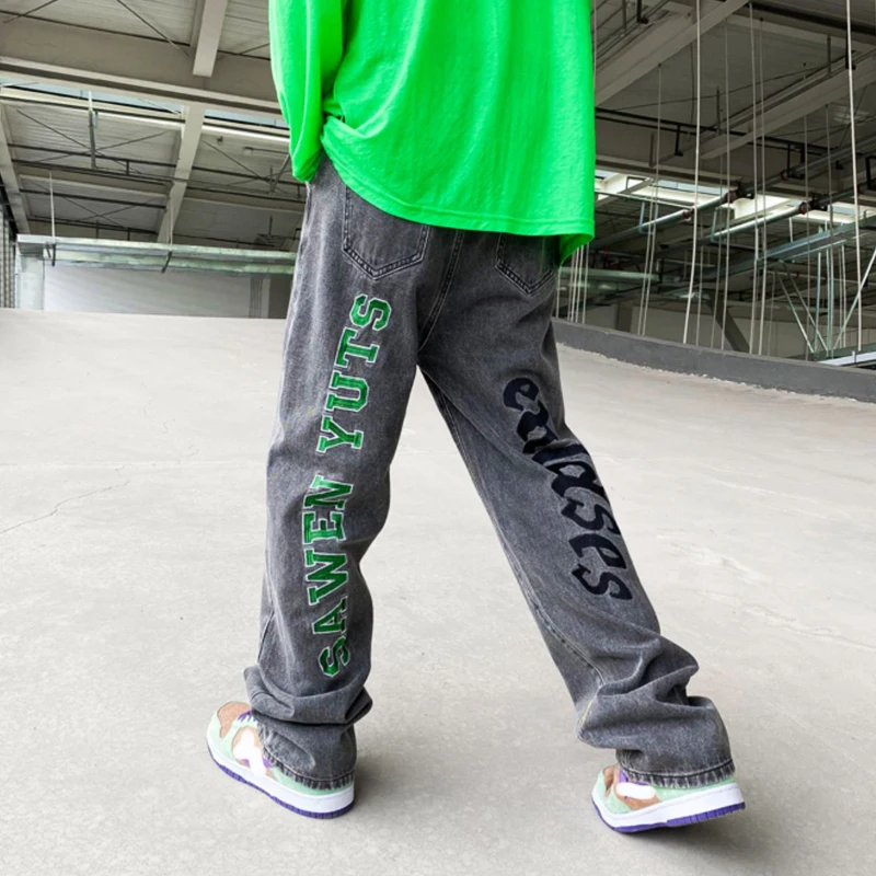 Men's Fashion Y2K Clothes Jeansy Letter Straight Trousers Denim Trousers Casual Jeans Wide Leg Pants For Men Streetwear Korean