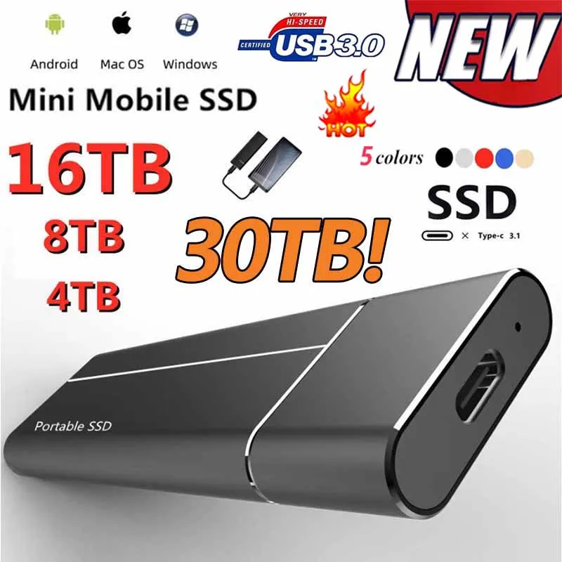 Портативный высокоскоростной SSD 16 ТБ 8 4 внешний твердотельный жесткий диск 100%