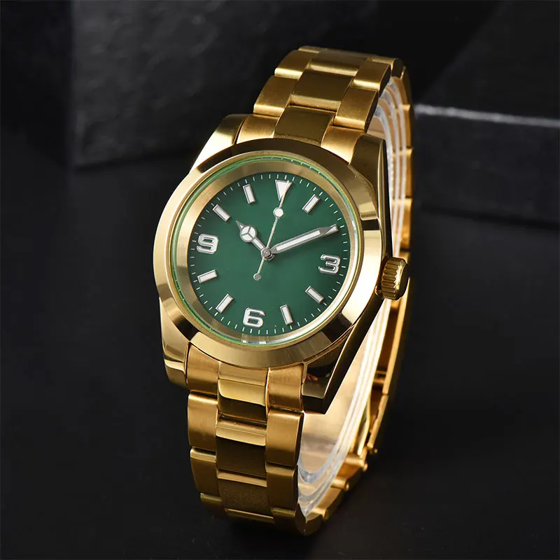 

39mm Gold Watch Stainless steel case Transparent back sapphire glass dial Custom logo fit NH35 movement