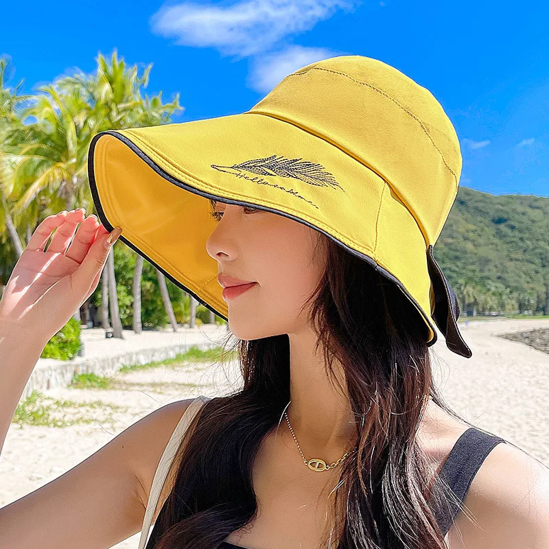 

New EmbroideryBucket Hats For Women Sun Uv Protection Foldable Sunshade Wide Brim Beach Hat Outdoor Sunhat Visor New Hot
